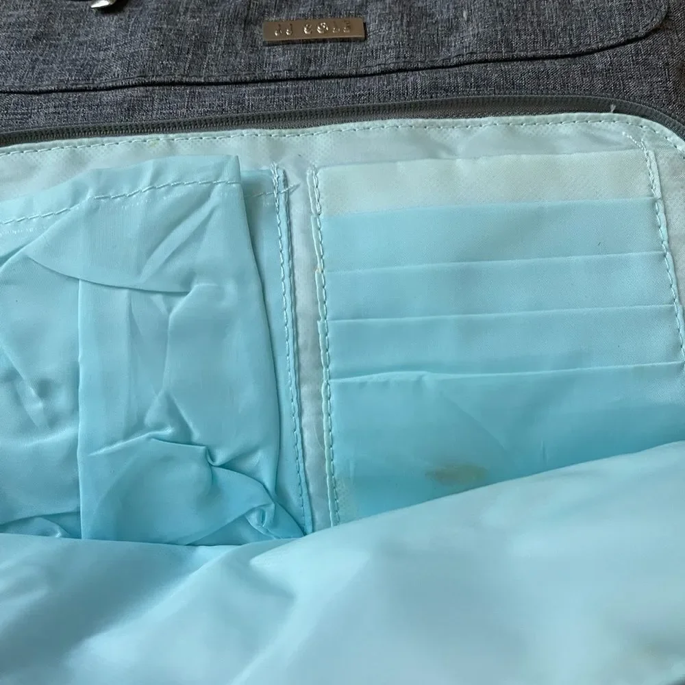 JJ Cole light gray fabric Caprice diaper bag aqua blue lining .